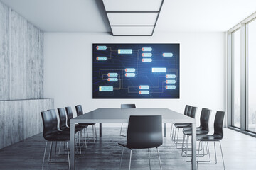Abstract graphic coding sketch on tv display in a modern presentation room, big data and networking concept. 3D Rendering