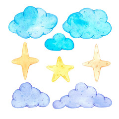 Handdrawn watercolor set of clouds and stars for children's textile. Scrapbook design, poster, label, card.