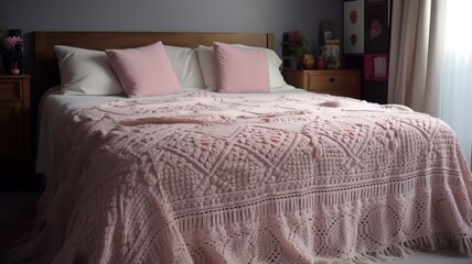 a beautiful bedspread on the bed with pillows