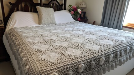 a beautiful bedspread on the bed with pillows