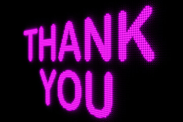Thank you. Dark LED screen with the word "Thank You" in purple glowing letters. Thankful, gratitude, respect, congratulating, inspiration, encouragement and motivation. 3D illustration