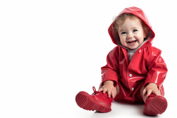 Rainy Day Fashionable Rainwear. Happy child in red raincoat and boots jumping on white background. Copy space. Weather concept AI Generative