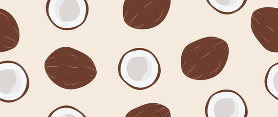Vector flat illustration. Coconut and coconut halves on a light background. Seamless background for your design. Ideal for advertising, packaging, textiles or posters.