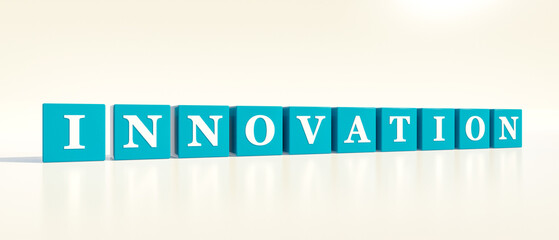 Innovation. Blue dices with white letters and the word innovation. Development, technology, new, ideas, business, science, inspiration, motivation and strategy. 3D illustration