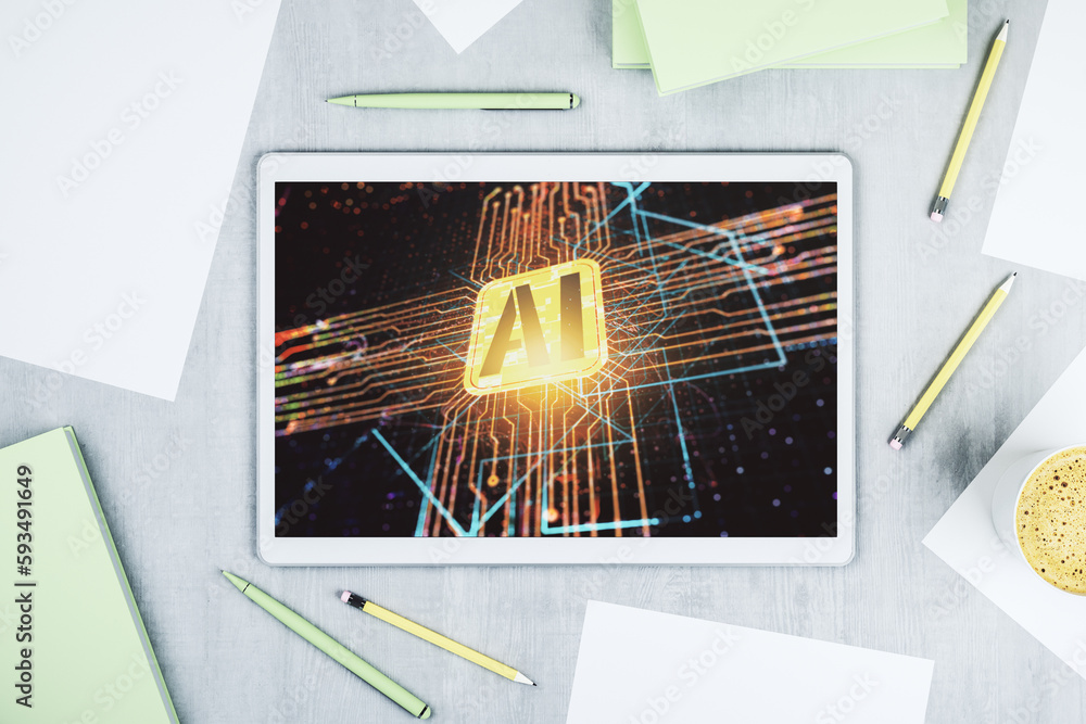 Leinwandbilder top view of modern digital tablet monitor with creative artificial intelligence icon. neural network