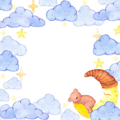Hand drawn watercolor frame with moon and bear for children's album. Scrapbook design, poster, label, card.
