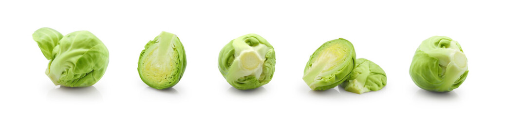 Fresh green brussels sprout vegetable set isolated on white background   