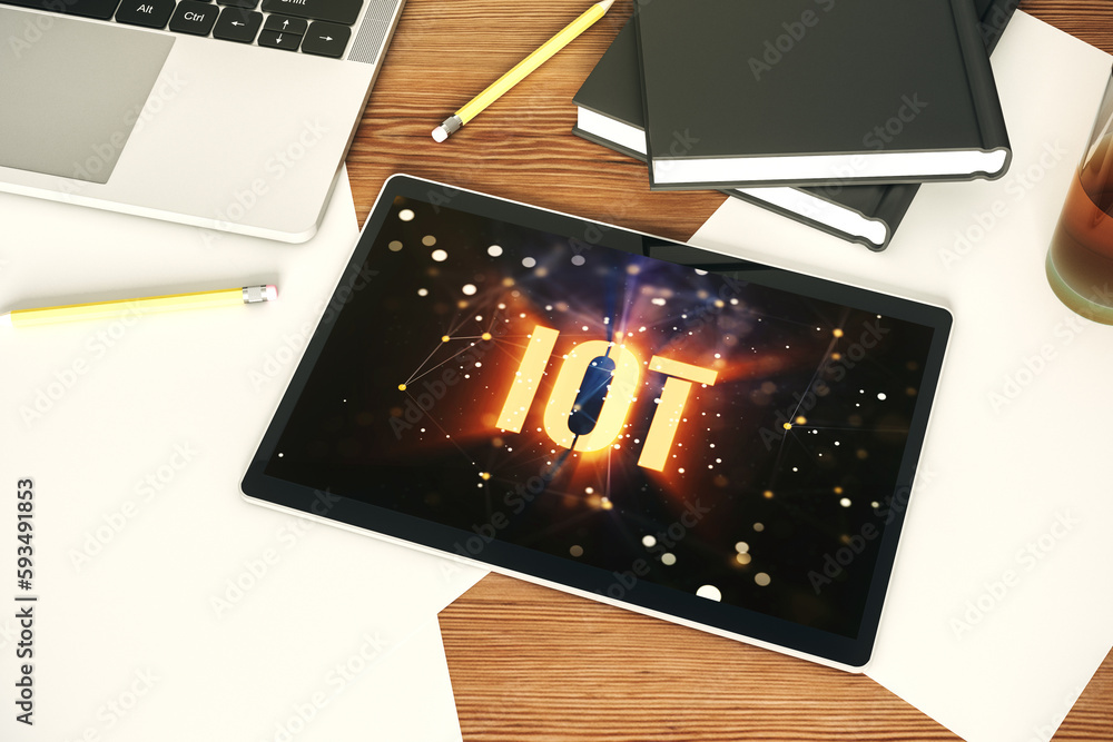 Poster creative iot concept on modern digital tablet screen. top view. 3d rendering
