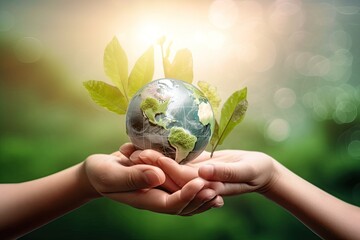 Two human hands holding a small globe of planet earth with a young plant inside, symbolizing green energy. Humans taking responsibility for the well-being and preservation of our planet.