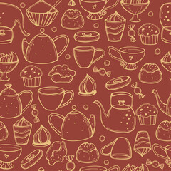 Teapots and cups. Vector   pattern.