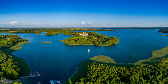 Drone aerial landscape photo - Camaldolese monastery complex and Wigry Lake, national park - summer in Poland