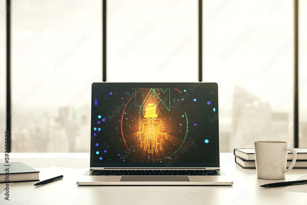 Aufkleber Creative light bulb illustration with microcircuit on modern computer monitor, future technology concept. 3D Rendering