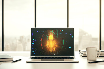 Creative light bulb illustration with microcircuit on modern computer monitor, future technology concept. 3D Rendering
