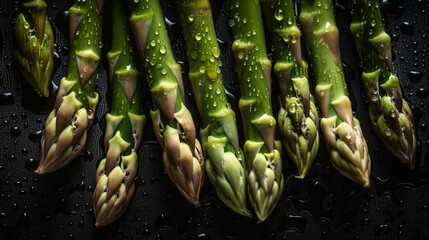 Image from above of fresh green asparagus with water drops . AI Generative