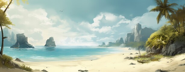 Sky and sun at sea background, ocean and beach vector island scenery empty cartoon. Ocean or sea water with waves and clouds in sky summer blue seascape with cloudy sky and seaside. Generative Ai