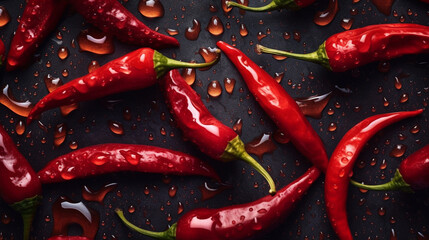 Fresh chili with water drops on dark background, top view. AI Generative - obrazy, fototapety, plakaty