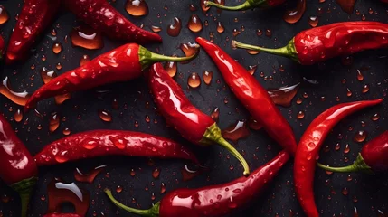 Fotobehang Fresh chili with water drops on dark background, top view. AI Generative © Rafa Fernandez