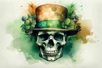 Fotobehang Aquarel doodshoofd St Patrick skull face in hat with lucky clover Generative AI watercolor print