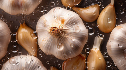 Fresh garlic with water drops on dark background, top view. AI Generative