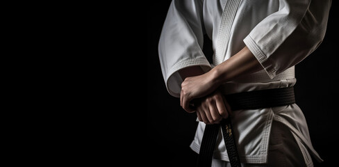 Black Belt Warriors: Person in Kimono and Black Belt on Black Background with Space for Text. Martial Arts Discipline Concept AI Generative