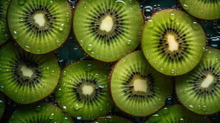 Fresh kiwis with water drops on dark background, top view. AI Generative