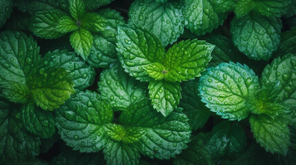 Fresh mint with water drops on dark background, top view. AI Generative