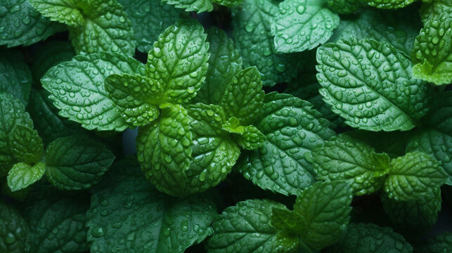 Fresh mint with water drops on dark background, top view. AI Generative