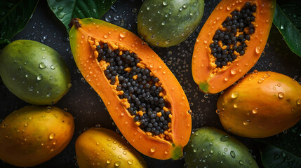 Fresh papaya with water drops on dark background, top view. AI Generative
