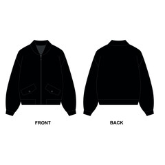 Technical drawing of the jacket with front zip and buttoned side pockets. Fashion jacket template - bomber, front and back view. Sketch of a women's spring-summer jacket in black.