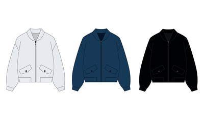 Collection of vector technical drawings of a zipper jacket in casual style. Fashion jacket template - bomber. Outline drawing of a women's spring-summer jacket with pockets, white, blue, black.