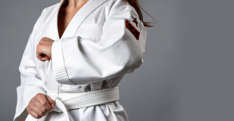 Fototapeta na wymiar White Belt Warriors: Person in Kimono and White Belt on Gray Background with Space for Text. Martial Arts Discipline Concept AI Generative