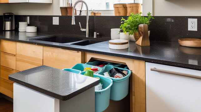 Open cabinet with full trash bins for separate waste collection in kitchen. AI Generative