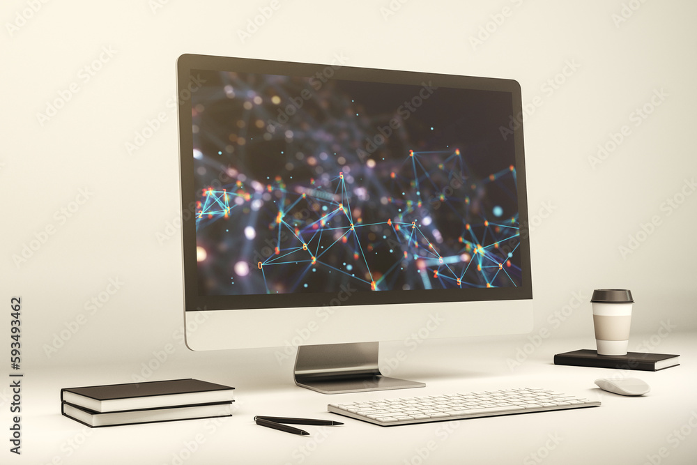 Fototapete modern computer monitor with technology desktop. research and development software concept. 3d rende