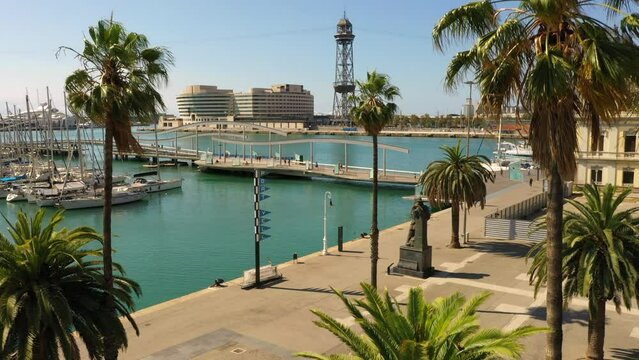 Aerial view of Rambla del Mar and Port Vell in Barcelona Spain