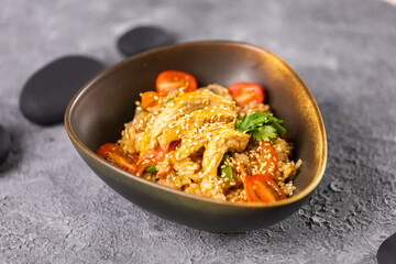 Udon stir-fry noodles with meat and vegetables. Asian cuisine