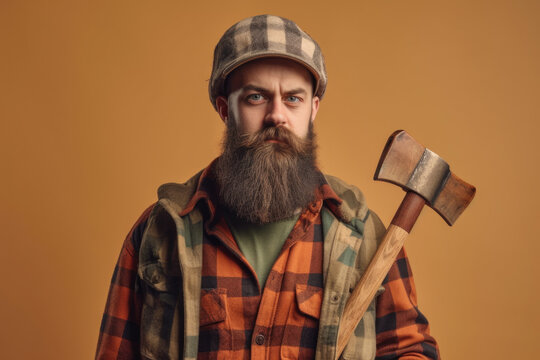 Hardworking and Skilled Woodcutter. Lumberjack holding an axe on pastel brown background with space to text. Copy space. Logging industry concept AI Generative