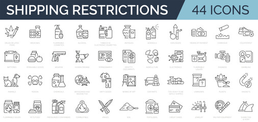 Set of 44 prohibited and restricted items in international packages and parcels. Outline icons collection. Editable stroke.