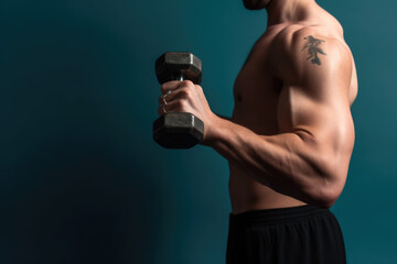 Power and Strength. Muscular man holding a dumbbell isolated on dark background. Copy space for your text. Fitness and exercise concept. AI Generative