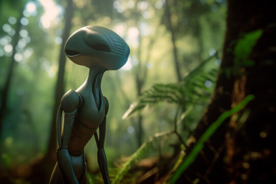 Green alien spying in jungle. Generative AI
