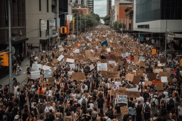 Protest Movement: A large group of people holding signs and protesting in the city, Generative AI
