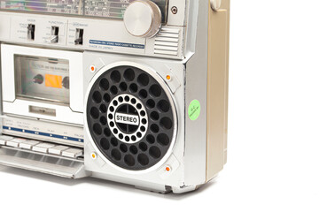 Silver retro ghetto radio boom box cassette recorder from 80s