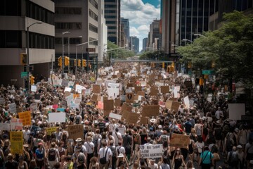 Protest Movement: A large group of people holding signs and protesting in the city, Generative AI - obrazy, fototapety, plakaty