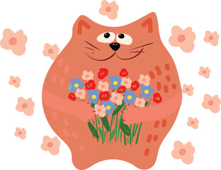 Cute funny cartoon red cat with a big bouquet of colorful flowers. Vector image on a background of flowers.