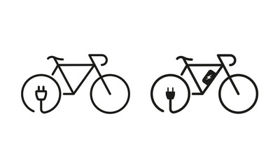 Green Energy Bike Line and Silhouette Icon Set. Ecological Electric Bicycle. Electricity Power Eco Bike with Charge Plug Symbol Collection on White Background. Isolated Vector Illustration