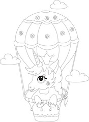 Coloring book for children. A unicorn in a balloon basket with a crown on its head.