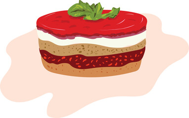 Delicious beautiful glossy cake with berry jelly soufflé with a green sprig of decor. Vector image.