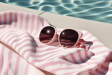 Pink Striped Beach Towel and Sunglasses by the Pool on a Sunny Day, Generative AI