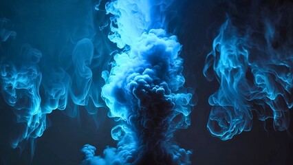 Light blue colored smoke mixing in dark room close view. Incense abstract background. Fancy glowing dream cloud of blue smoke swirling in dark background.
