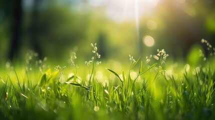 Fototapeta na wymiar A fresh spring sunny garden background of green grass and blurred foliage bokeh