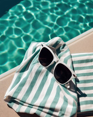 Turquoise Striped Beach Towel and Sunglasses by the Pool on a Sunny Day, Generative AI